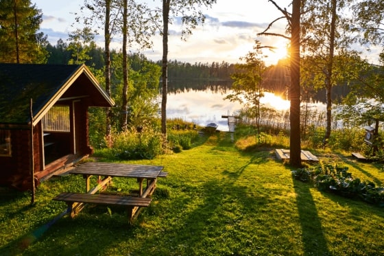 Cottage in the woods next to a lake. A picnic table in in the yard.